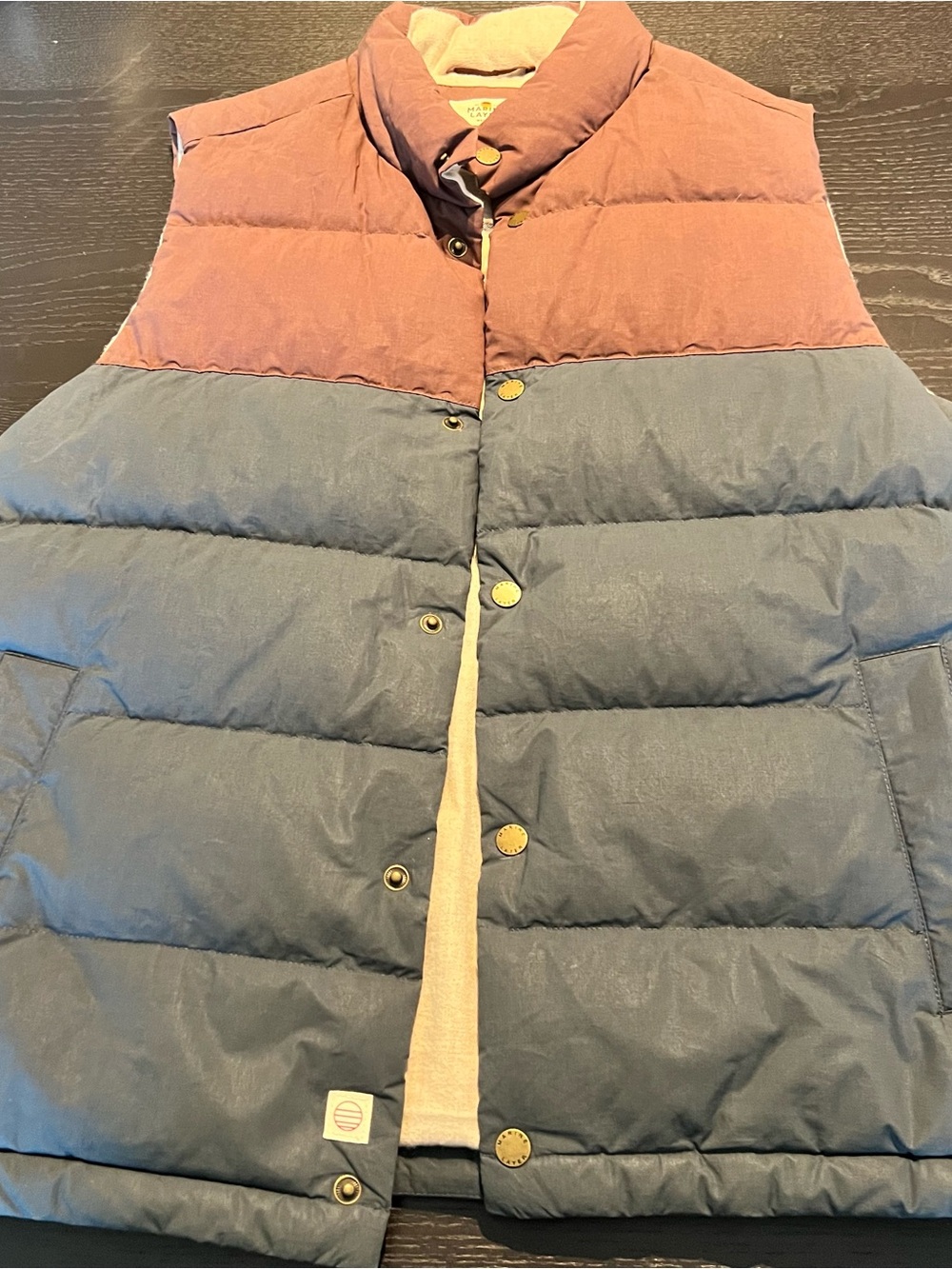 Marine Layer Quilted Vest with Striped Knit Lining in Plum and Multi